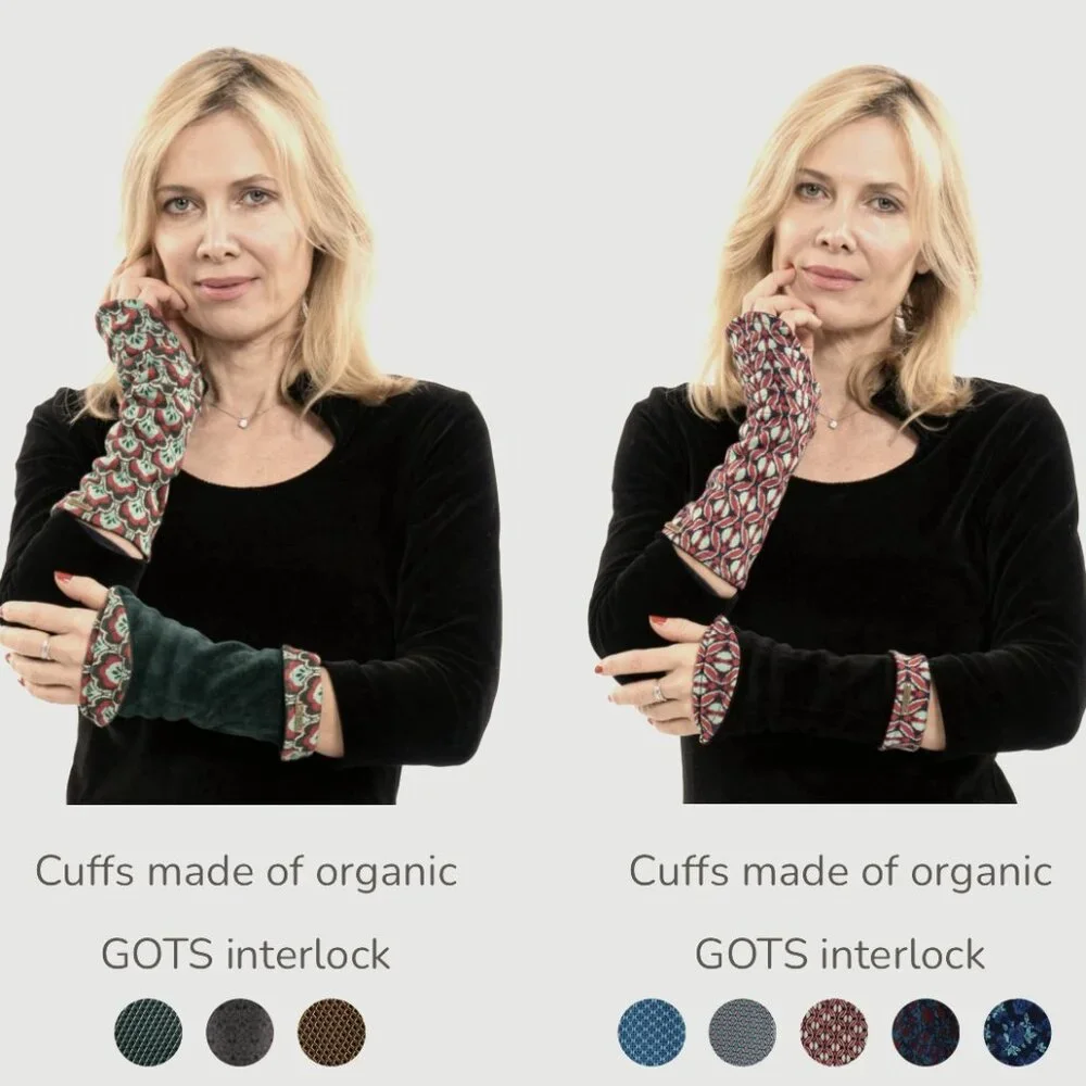 Chapati Berlin, Organic Cotton Velvet Fingerless Gloves, Reversible, Women OS